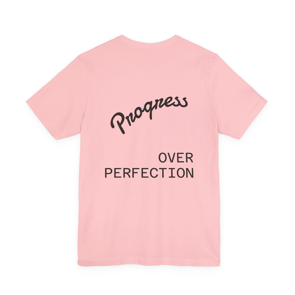 Pride Week Rainbow Heart Tee — "Progress Over Perfection" Back Print