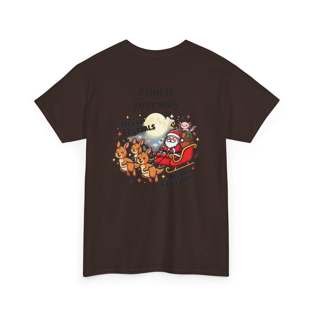 Festive Santa & Reindeer Tee — "Merry Christmas / Merry Festivals" Holiday Shirt with Cute Axolotl