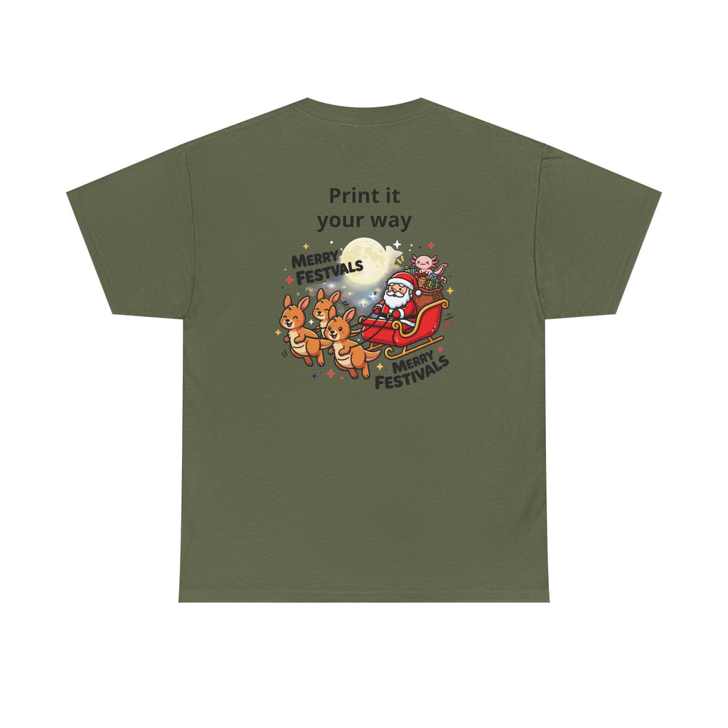 Festive Santa & Reindeer Tee — "Merry Christmas / Merry Festivals" Holiday Shirt with Cute Axolotl