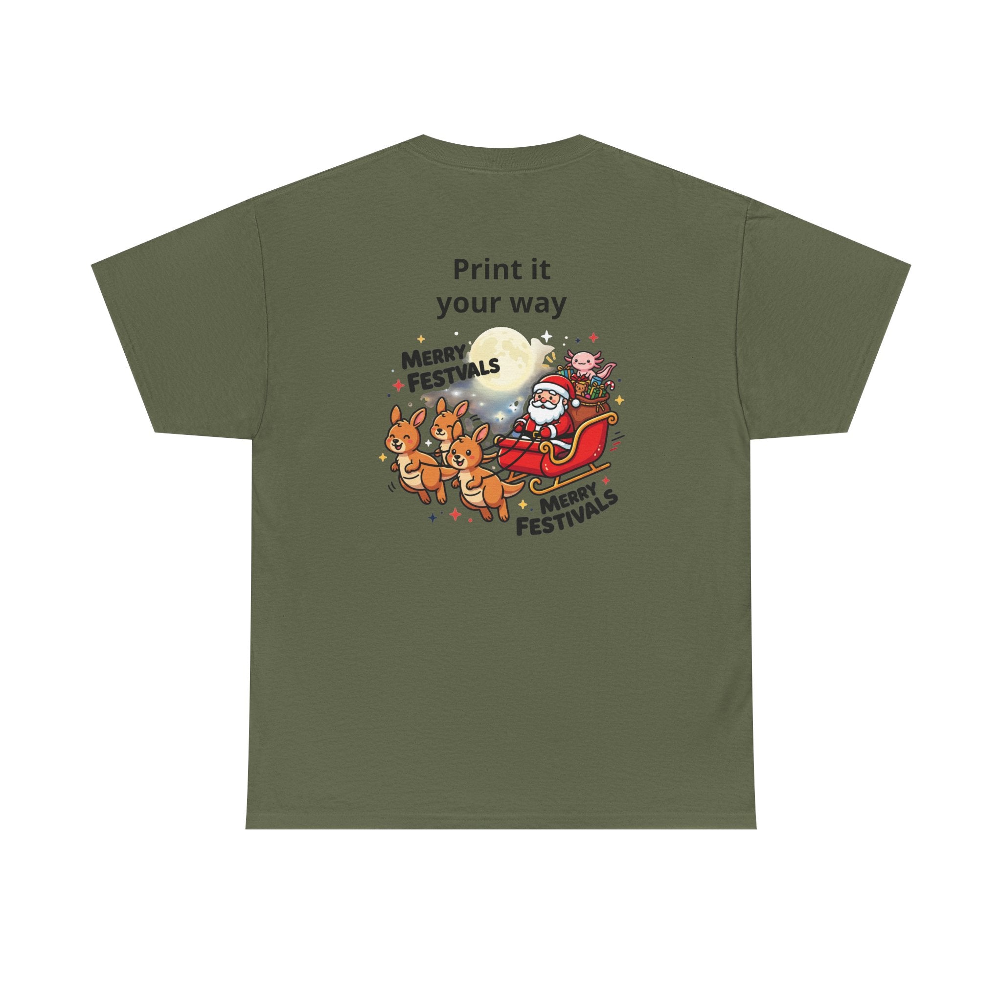 Festive Santa & Reindeer Tee — "Merry Christmas / Merry Festivals" Holiday Shirt with Cute Axolotl