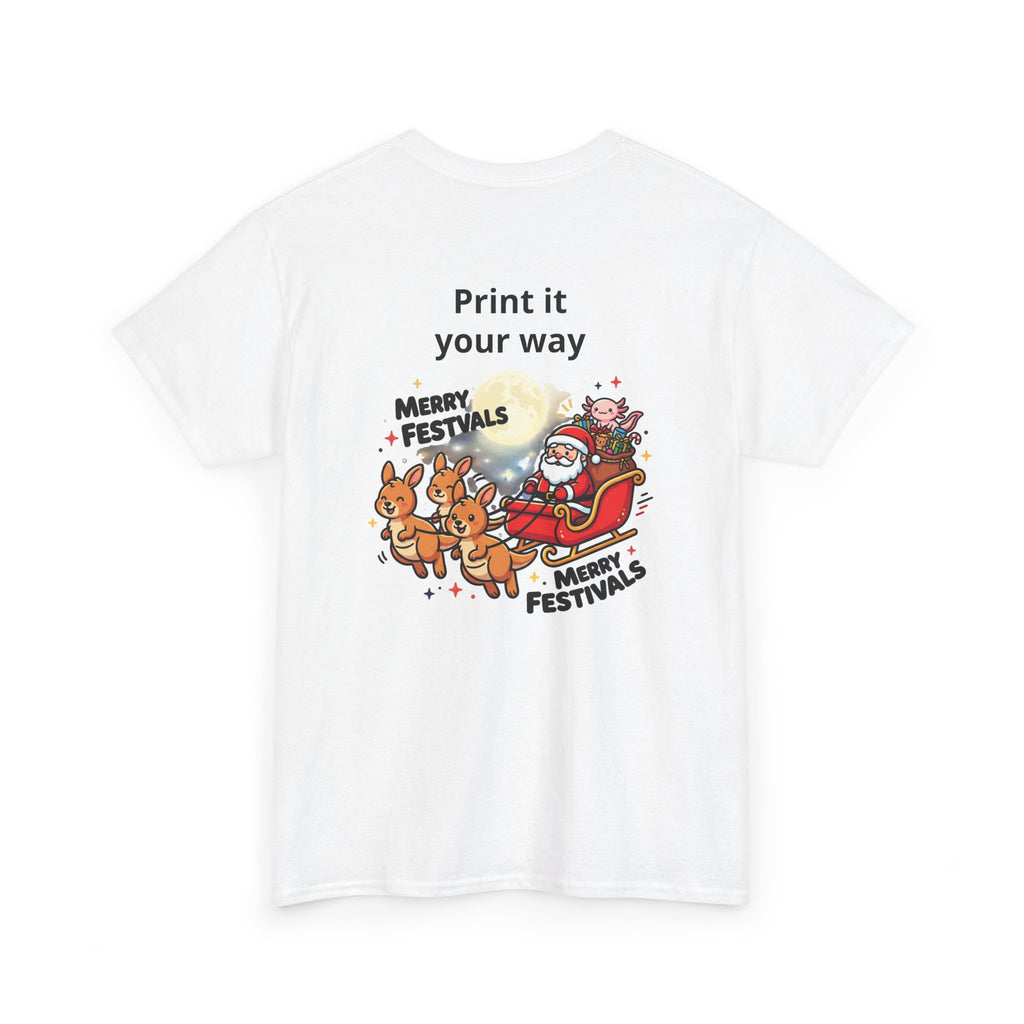 Festive Santa & Reindeer Tee — "Merry Christmas / Merry Festivals" Holiday Shirt with Cute Axolotl