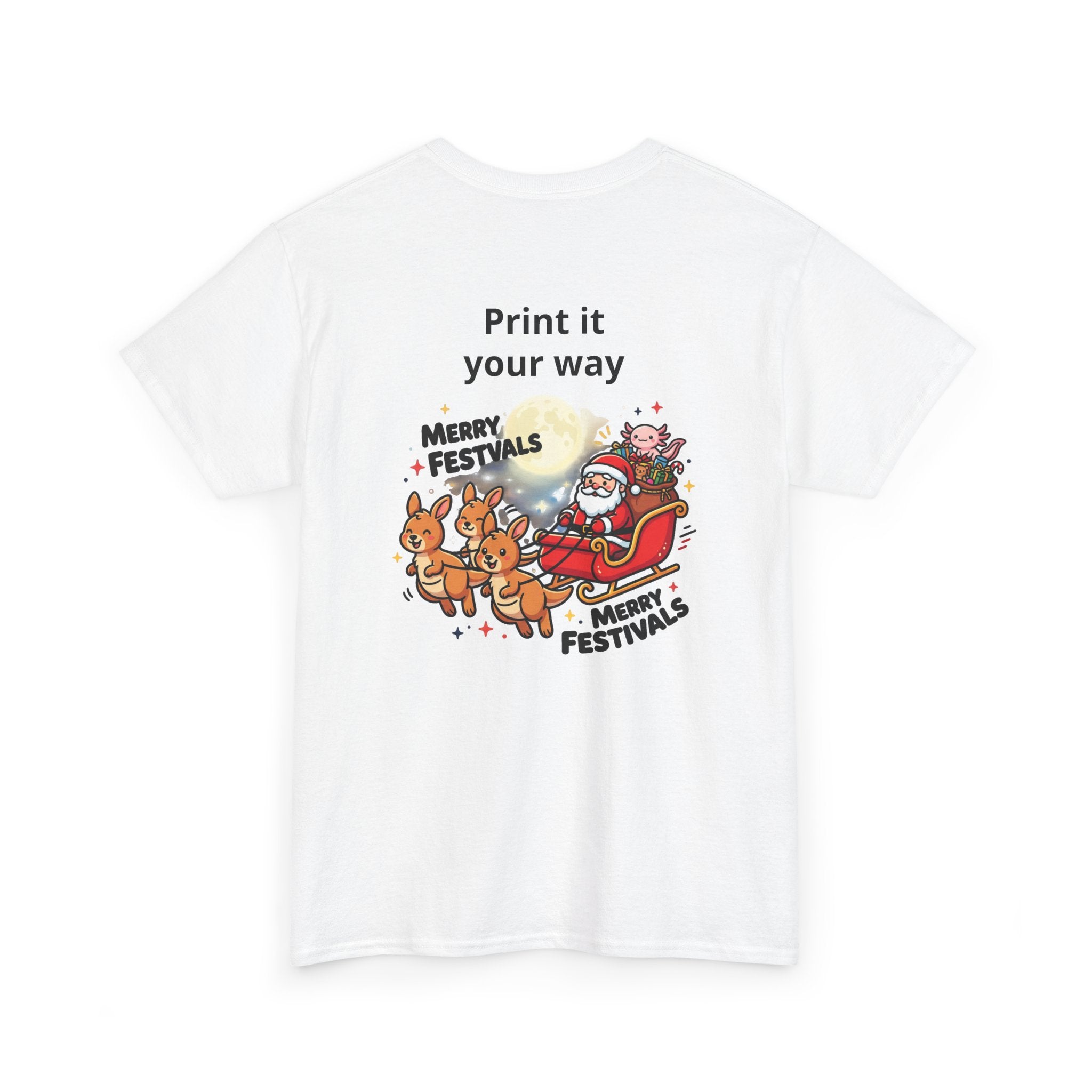 Festive Santa & Reindeer Tee — "Merry Christmas / Merry Festivals" Holiday Shirt with Cute Axolotl