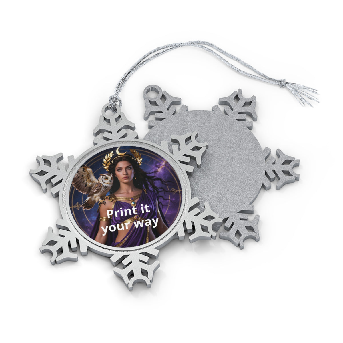 Pewter Snowflake Ornament — Custom Round Photo Insert Holiday Keepsake