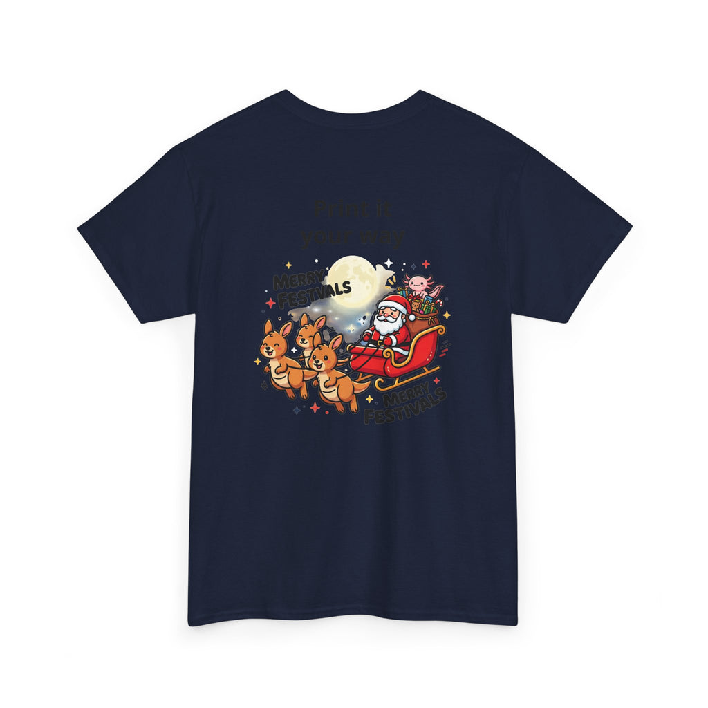 Festive Santa & Reindeer Tee — "Merry Christmas / Merry Festivals" Holiday Shirt with Cute Axolotl
