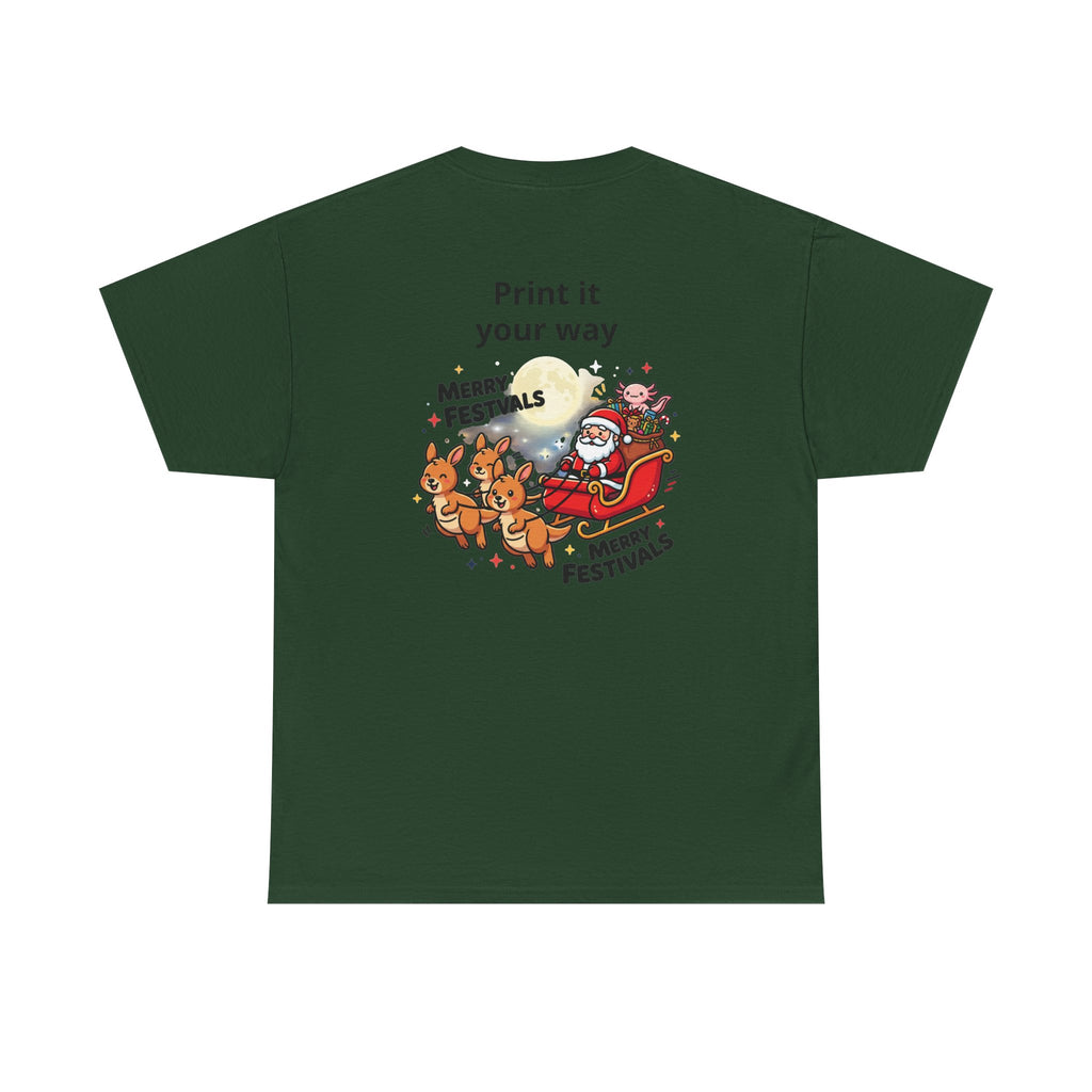 Festive Santa & Reindeer Tee — "Merry Christmas / Merry Festivals" Holiday Shirt with Cute Axolotl