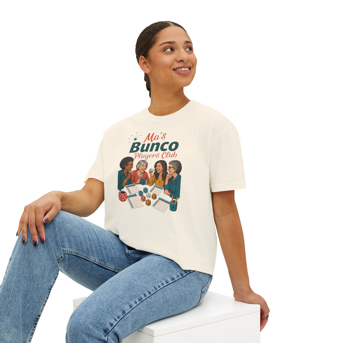 Ma’s Bunco Players Club Women’s Boxy Tee – Bunco Queen Game Night Shirt for Mom, Grandma & Sister