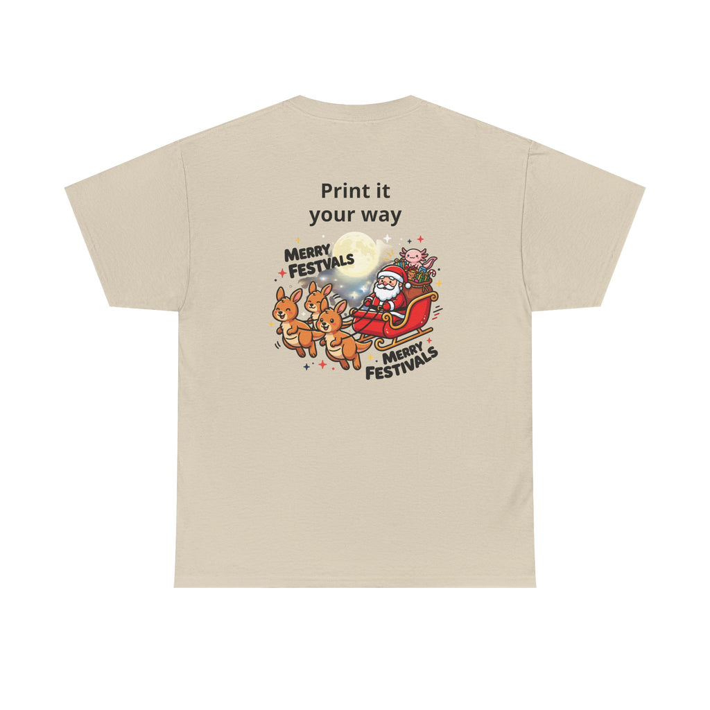 Festive Santa & Reindeer Tee — "Merry Christmas / Merry Festivals" Holiday Shirt with Cute Axolotl