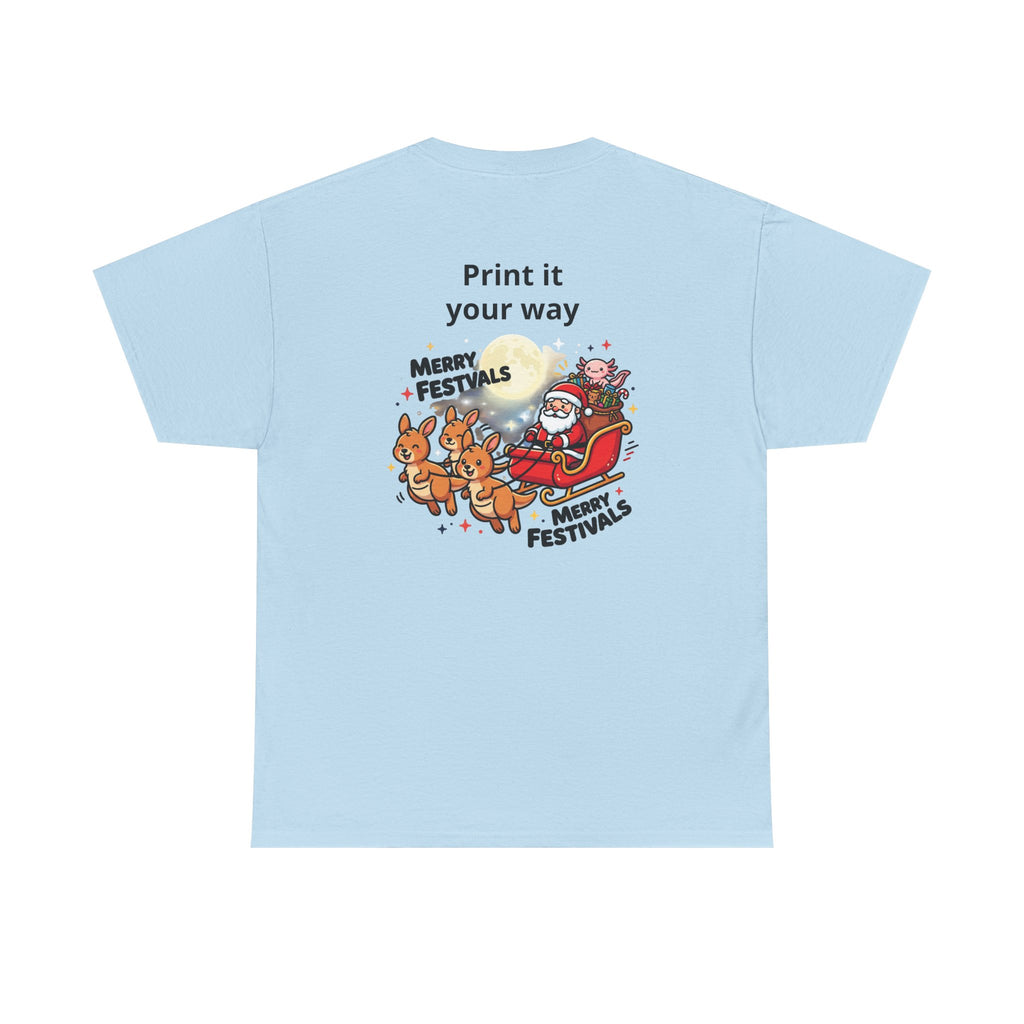 Festive Santa & Reindeer Tee — "Merry Christmas / Merry Festivals" Holiday Shirt with Cute Axolotl