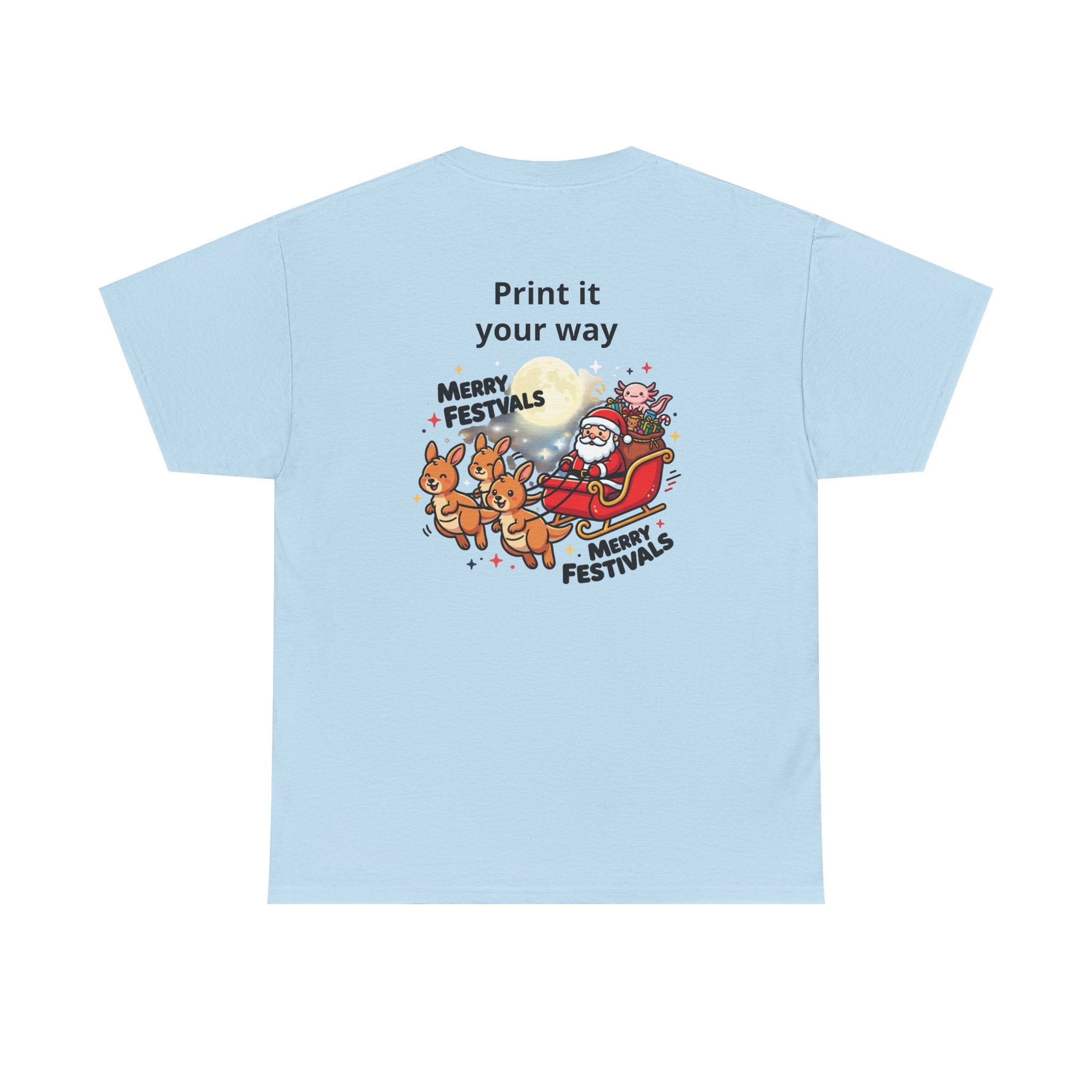Festive Santa & Reindeer Tee — "Merry Christmas / Merry Festivals" Holiday Shirt with Cute Axolotl