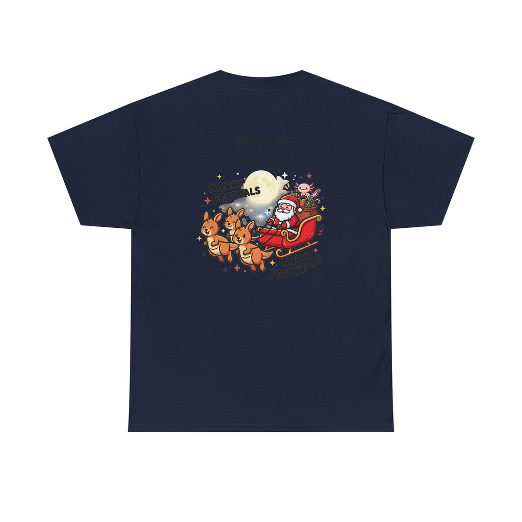 Festive Santa & Reindeer Tee — "Merry Christmas / Merry Festivals" Holiday Shirt with Cute Axolotl