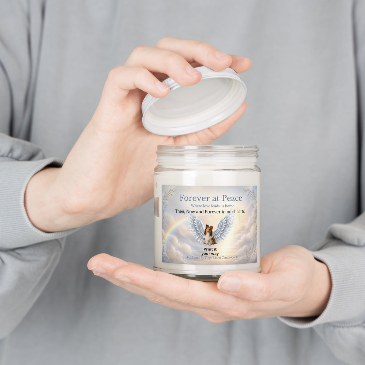 Memorial Soy Candle 9oz — "Forever at Peace" Angel Wings & Rainbow Tribute