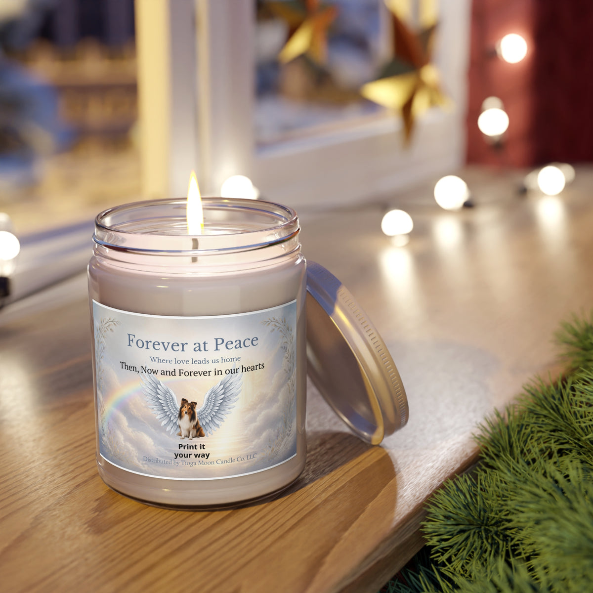 Memorial Soy Candle 9oz — "Forever at Peace" Angel Wings & Rainbow Tribute