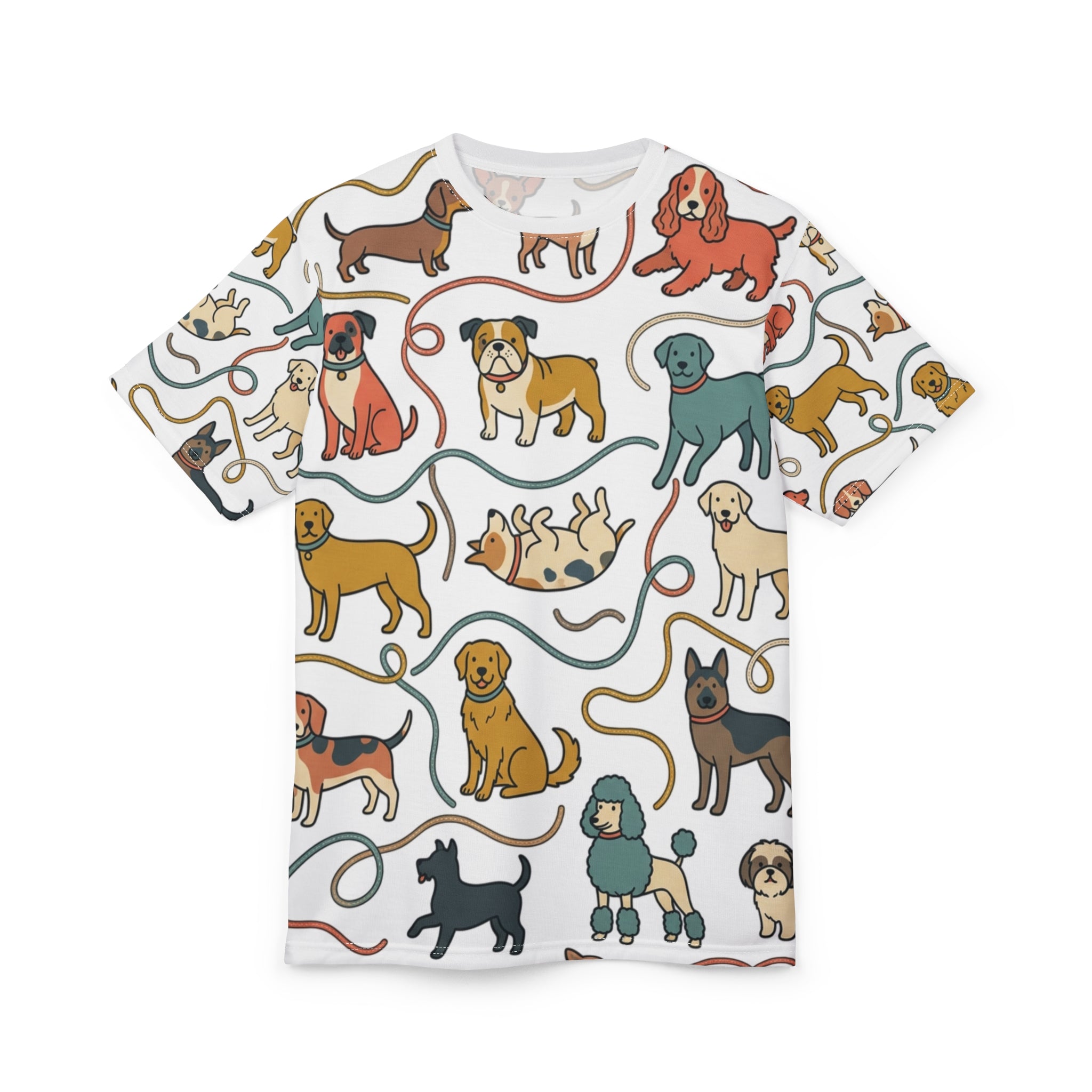 All-Over Print Dog Pattern Tee — Cute Puppy Breeds Graphic Shirt