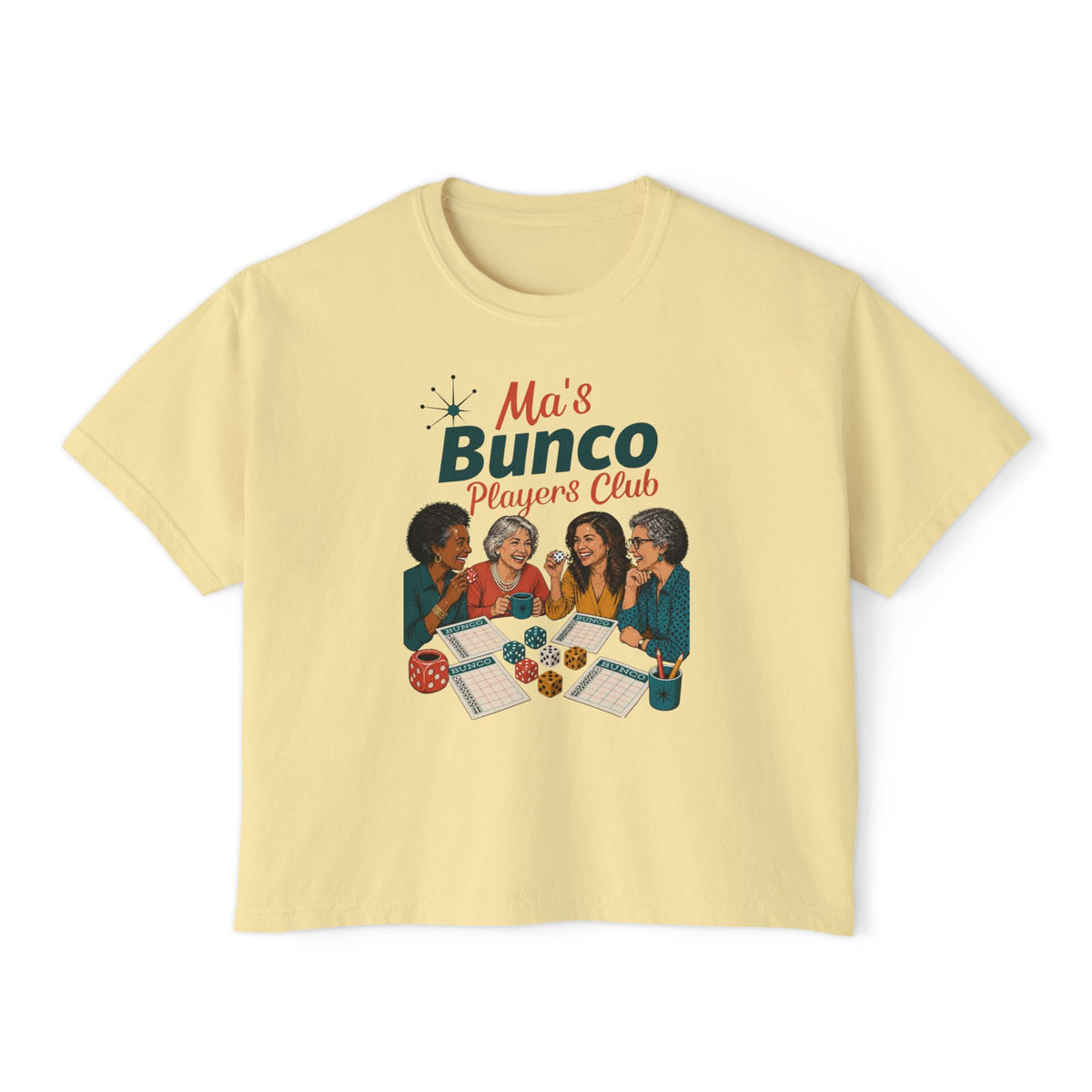 Ma’s Bunco Players Club Women’s Boxy Tee – Bunco Queen Game Night Shirt for Mom, Grandma & Sister
