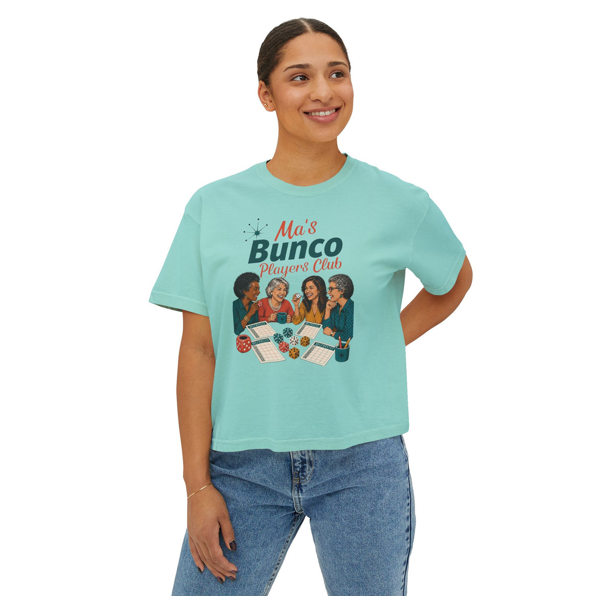 Ma’s Bunco Players Club Women’s Boxy Tee – Bunco Queen Game Night Shirt for Mom, Grandma & Sister