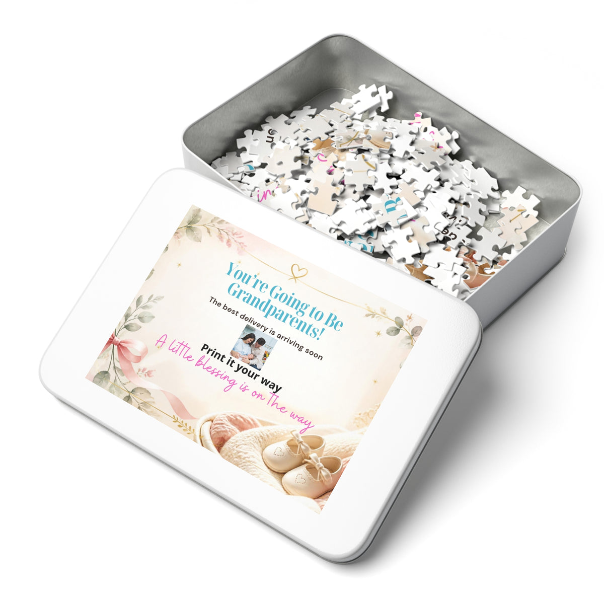 Grandparents Announcement Jigsaw Puzzle Tin — “You’re Going to Be Grandparents!” Keepsake