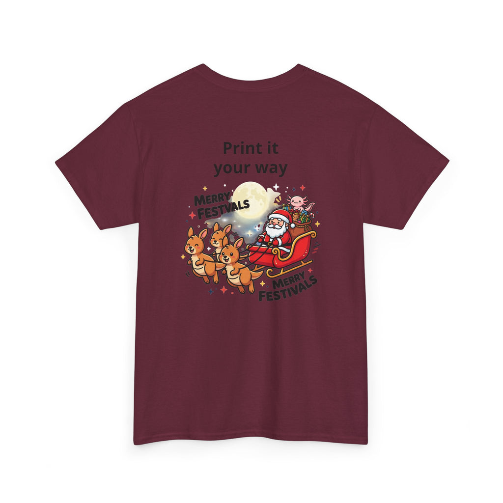 Festive Santa & Reindeer Tee — "Merry Christmas / Merry Festivals" Holiday Shirt with Cute Axolotl