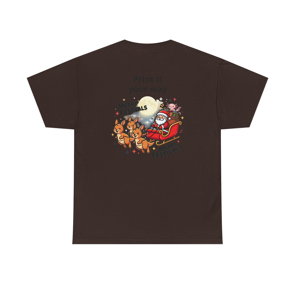 Festive Santa & Reindeer Tee — "Merry Christmas / Merry Festivals" Holiday Shirt with Cute Axolotl