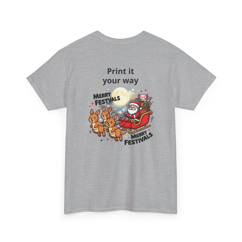 Festive Santa & Reindeer Tee — "Merry Christmas / Merry Festivals" Holiday Shirt with Cute Axolotl
