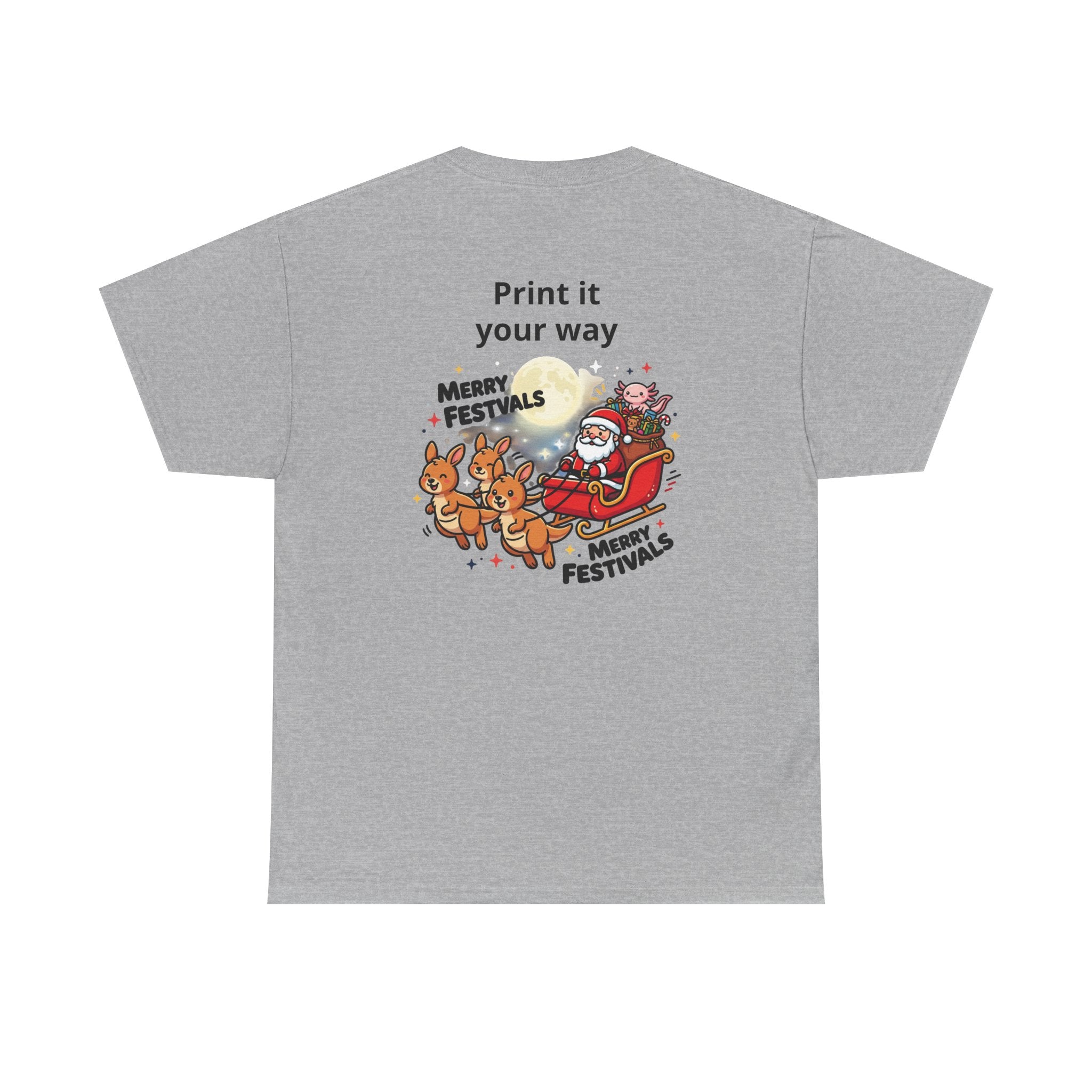 Festive Santa & Reindeer Tee — "Merry Christmas / Merry Festivals" Holiday Shirt with Cute Axolotl