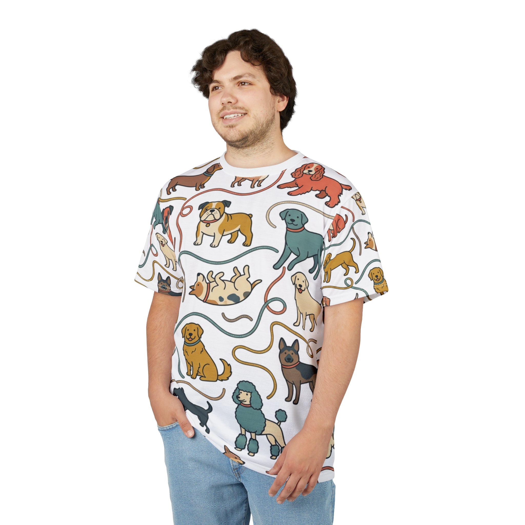 All-Over Print Dog Pattern Tee — Cute Puppy Breeds Graphic Shirt