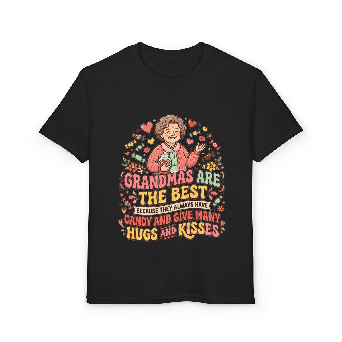 Grandmas Are The Best Kids' T-Shirt — Candy, Hugs & Kisses Design
