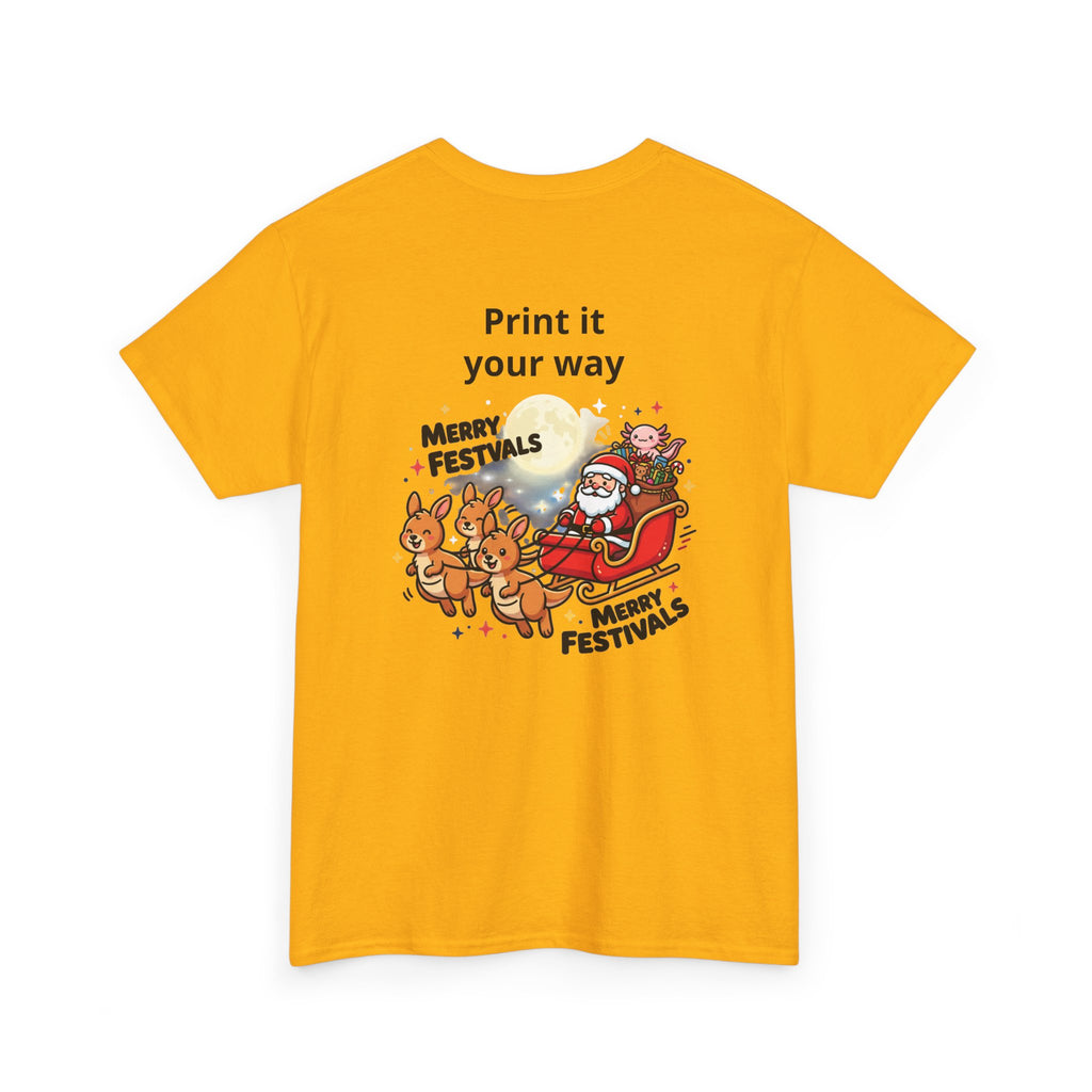 Festive Santa & Reindeer Tee — "Merry Christmas / Merry Festivals" Holiday Shirt with Cute Axolotl