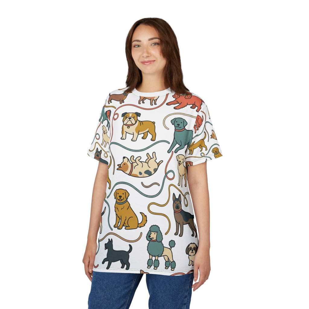 All-Over Print Dog Pattern Tee — Cute Puppy Breeds Graphic Shirt