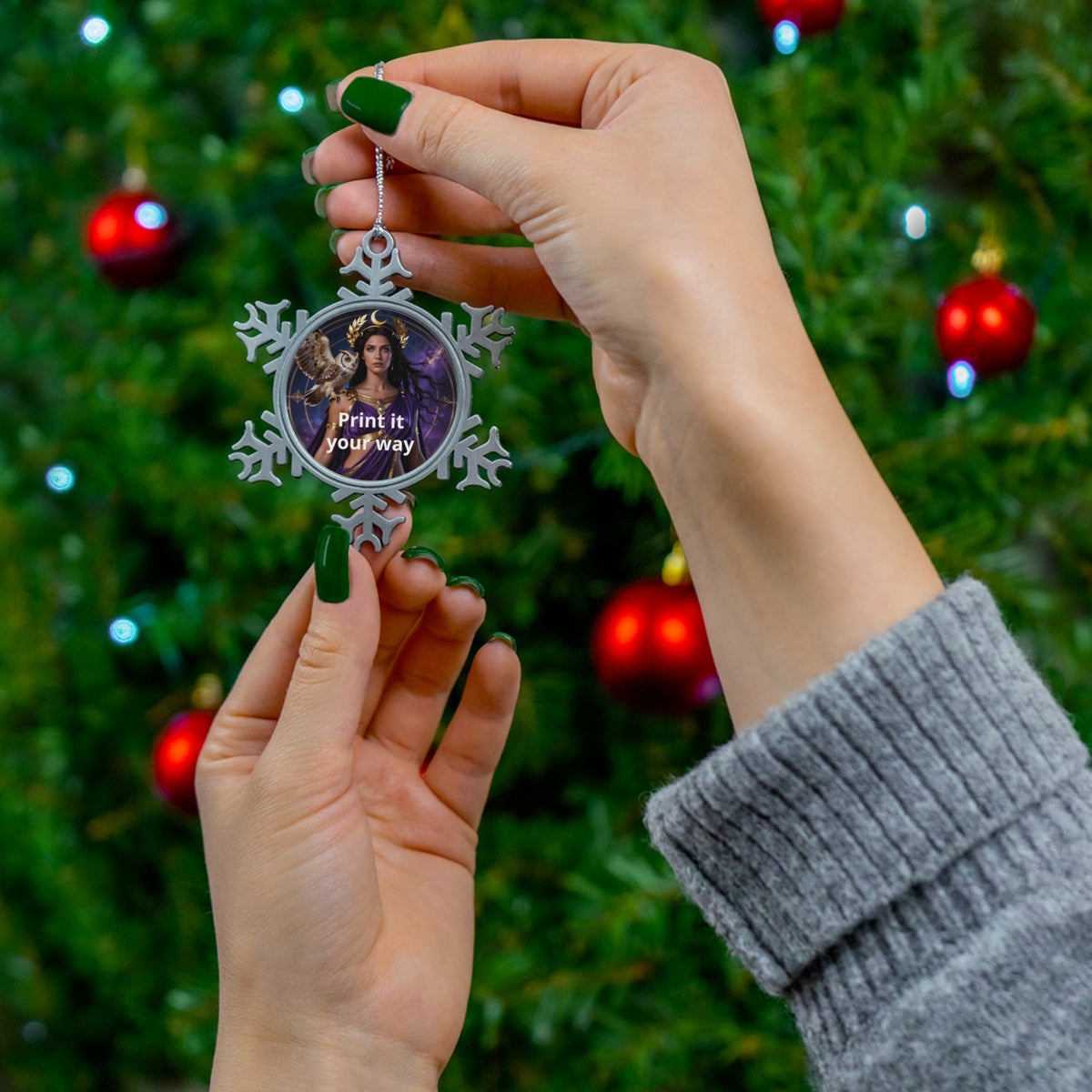 Pewter Snowflake Ornament — Custom Round Photo Insert Holiday Keepsake