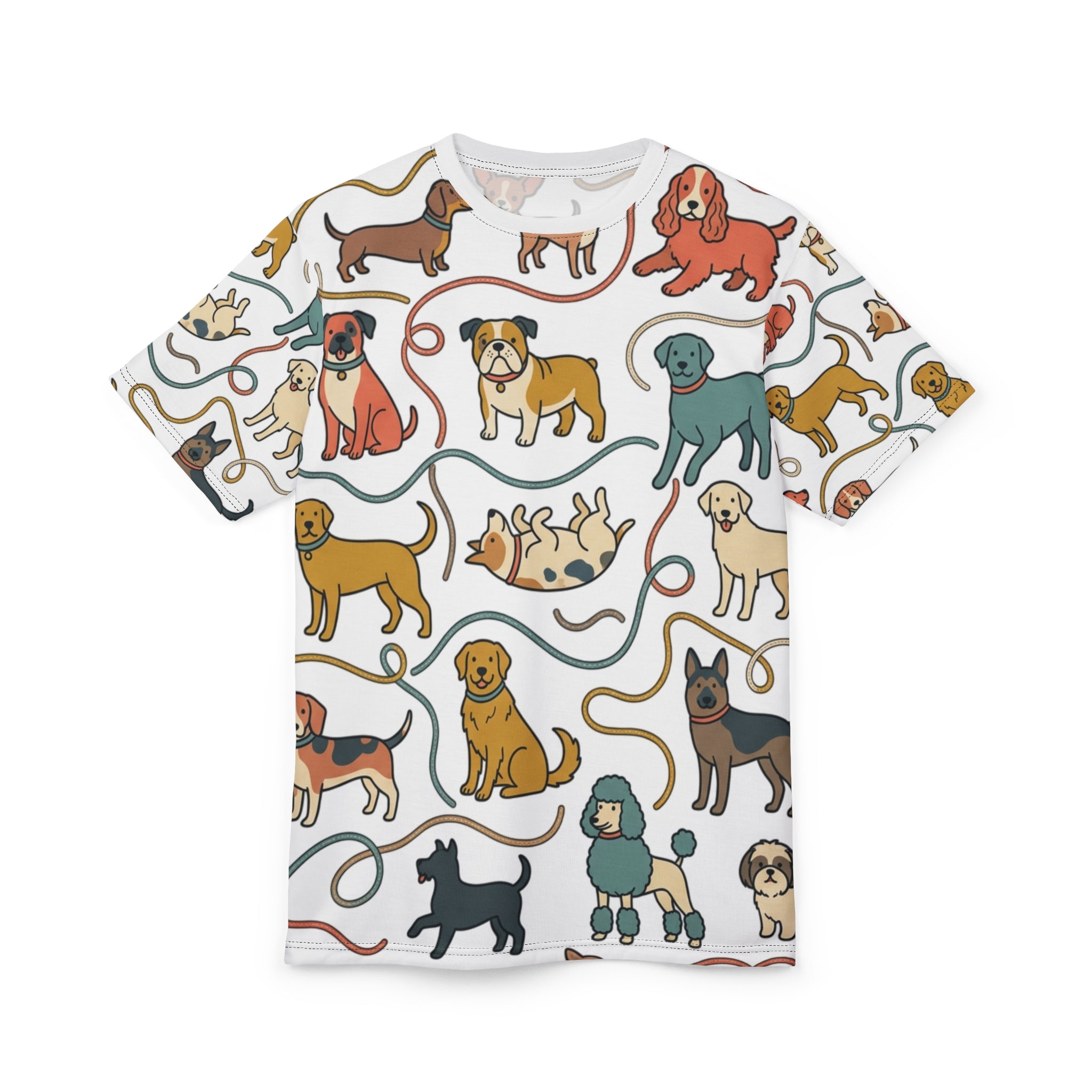All-Over Print Dog Pattern Tee — Cute Puppy Breeds Graphic Shirt