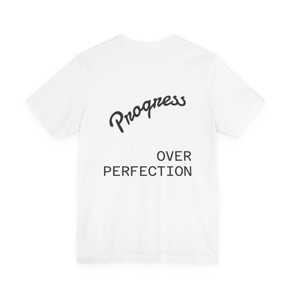 Pride Week Rainbow Heart Tee — "Progress Over Perfection" Back Print