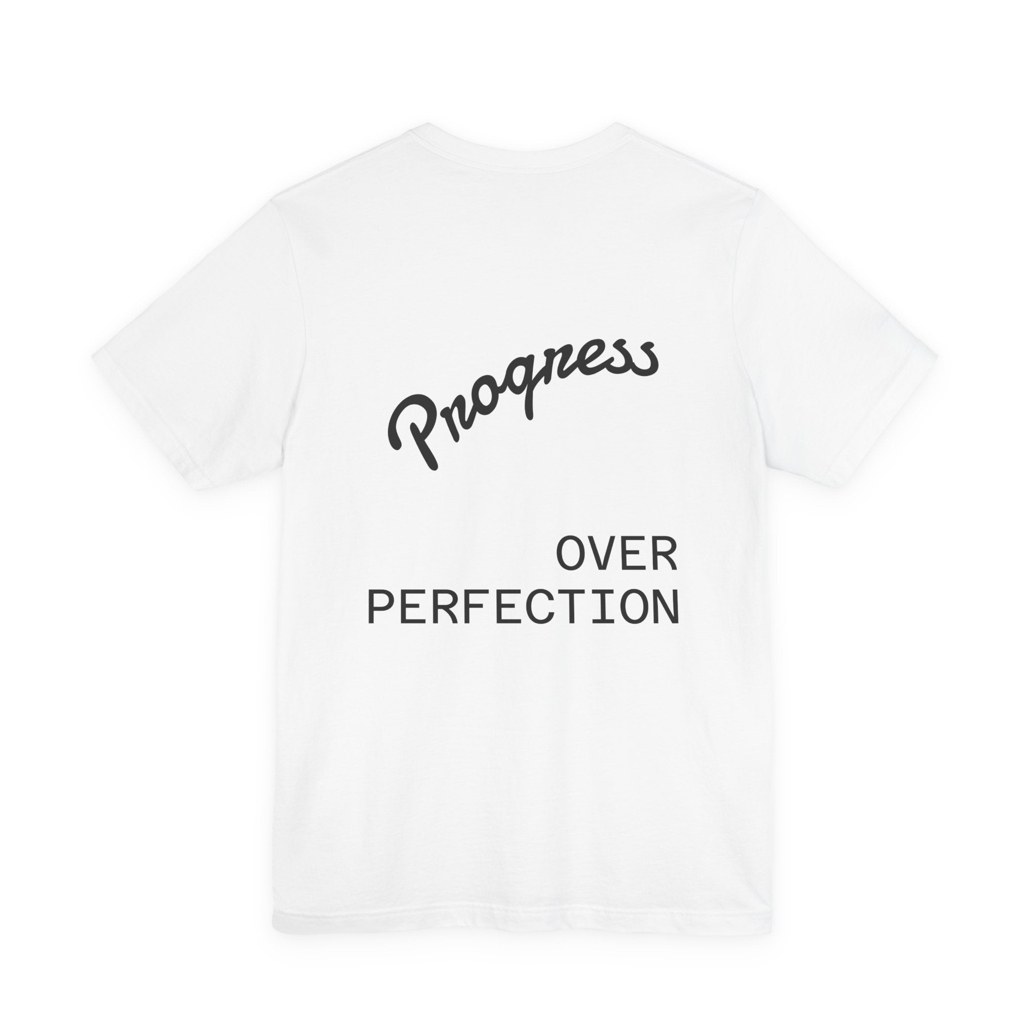 Pride Week Rainbow Heart Tee — "Progress Over Perfection" Back Print
