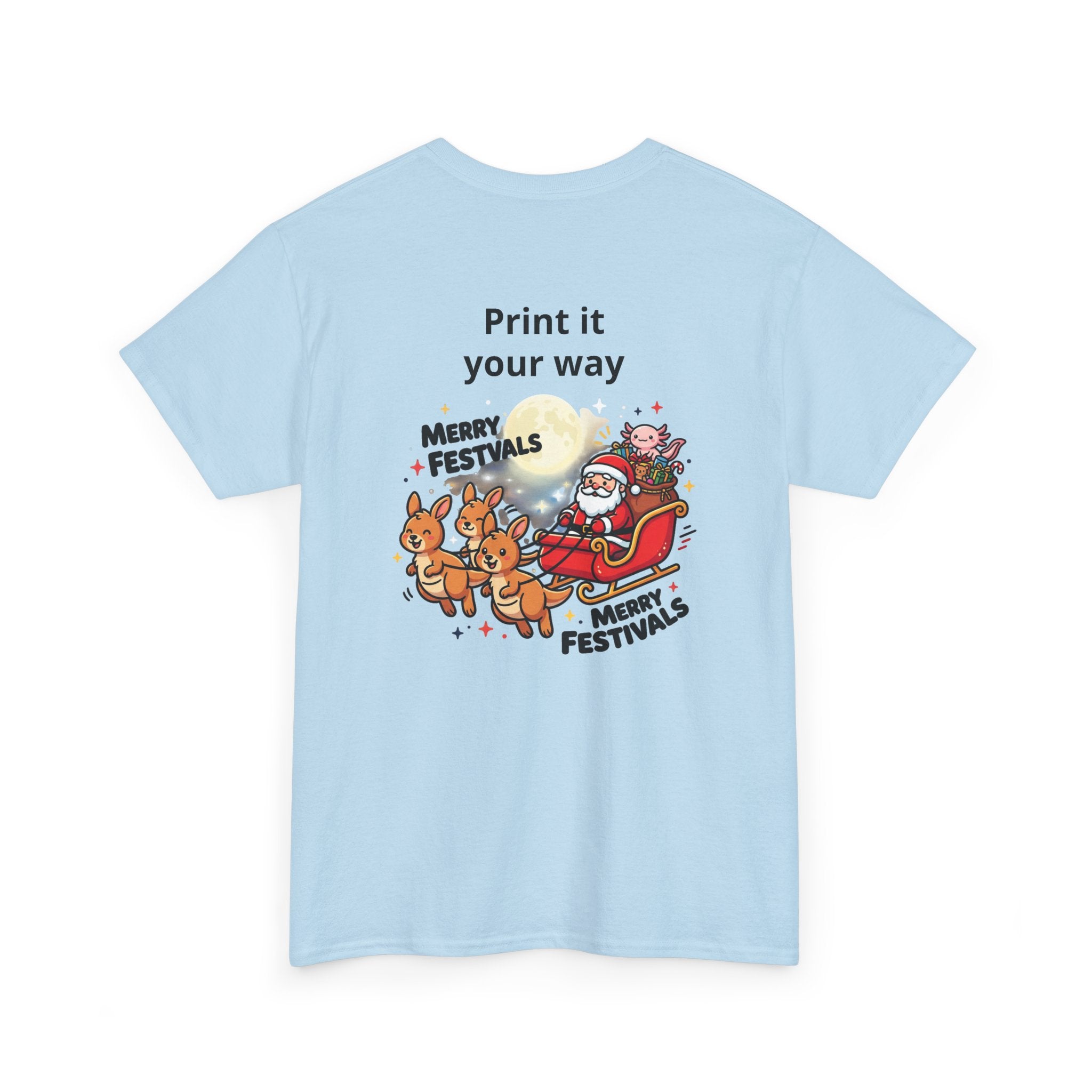 Festive Santa & Reindeer Tee — "Merry Christmas / Merry Festivals" Holiday Shirt with Cute Axolotl