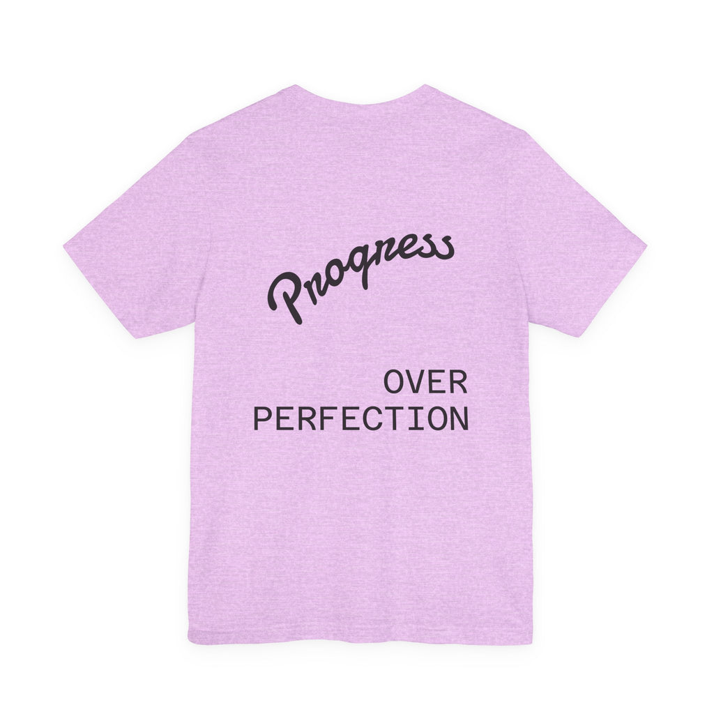 Pride Week Rainbow Heart Tee — "Progress Over Perfection" Back Print