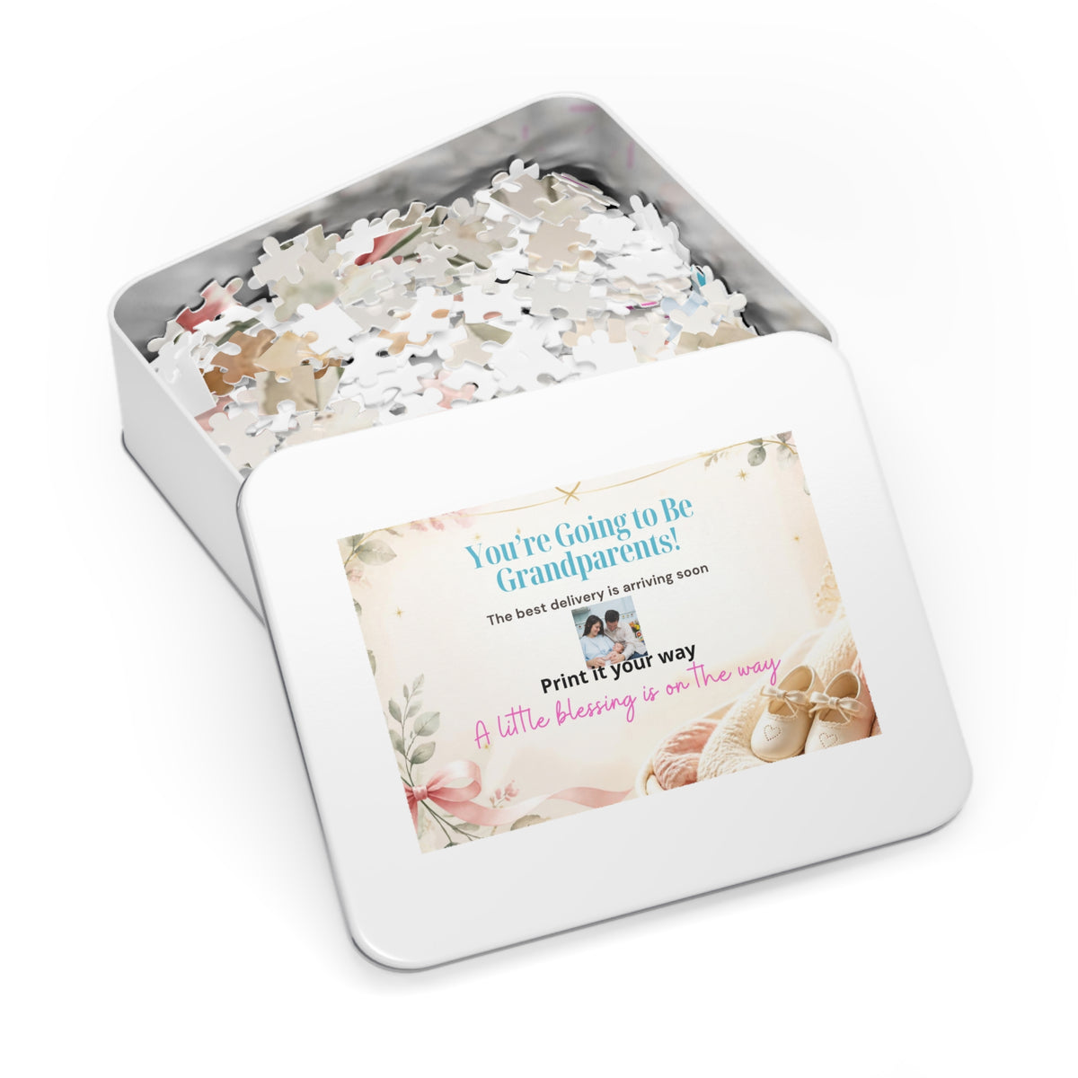 Grandparents Announcement Jigsaw Puzzle Tin — “You’re Going to Be Grandparents!” Keepsake