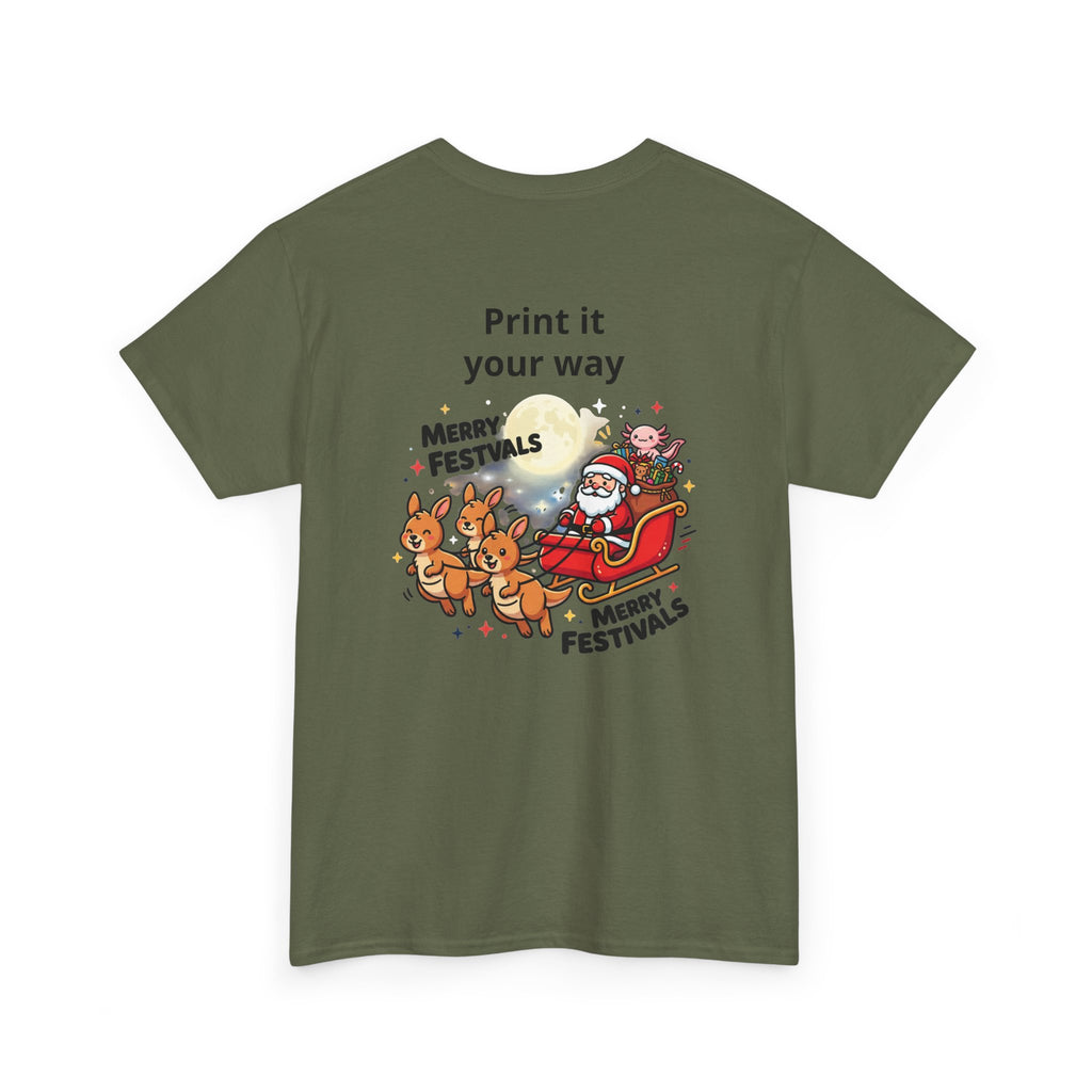Festive Santa & Reindeer Tee — "Merry Christmas / Merry Festivals" Holiday Shirt with Cute Axolotl