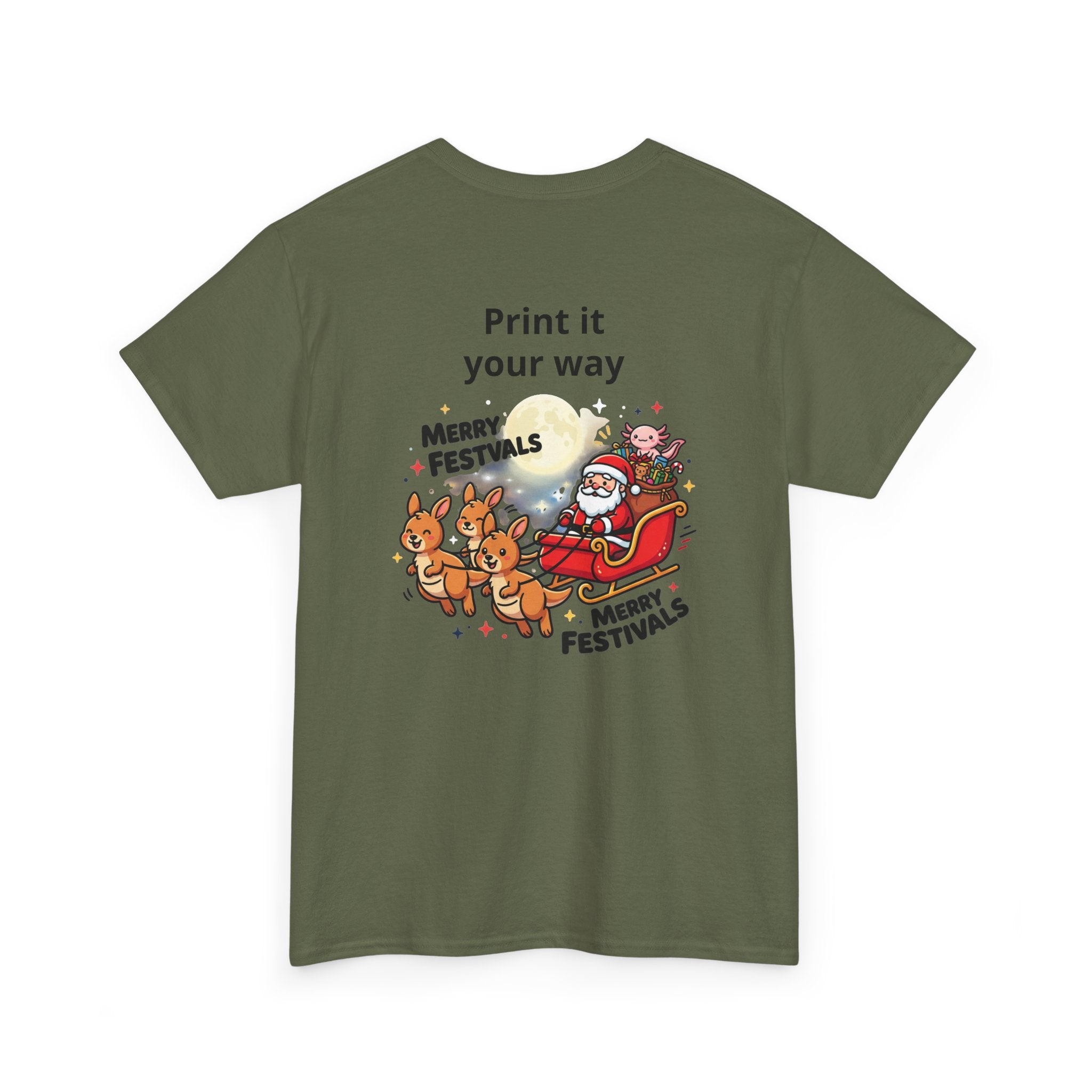Festive Santa & Reindeer Tee — "Merry Christmas / Merry Festivals" Holiday Shirt with Cute Axolotl