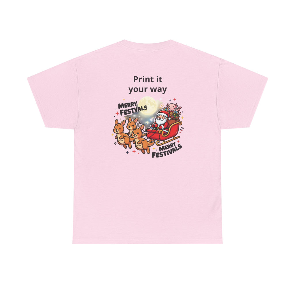 Festive Santa & Reindeer Tee — "Merry Christmas / Merry Festivals" Holiday Shirt with Cute Axolotl