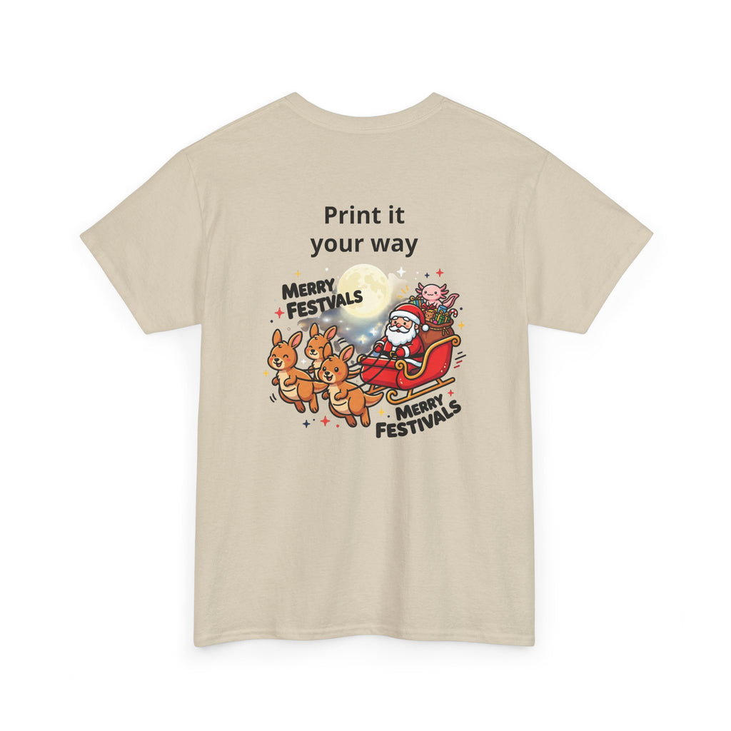 Festive Santa & Reindeer Tee — "Merry Christmas / Merry Festivals" Holiday Shirt with Cute Axolotl