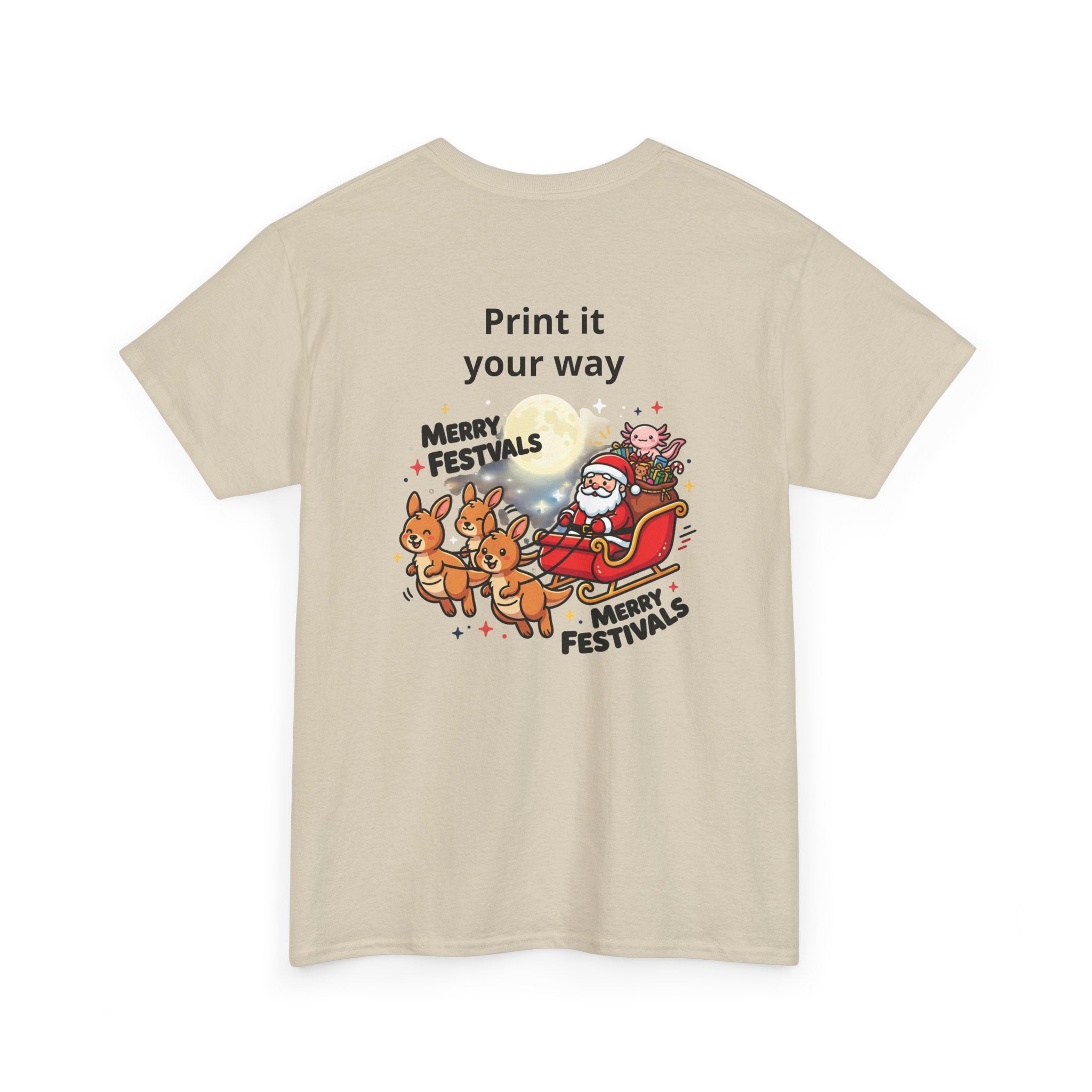 Festive Santa & Reindeer Tee — "Merry Christmas / Merry Festivals" Holiday Shirt with Cute Axolotl