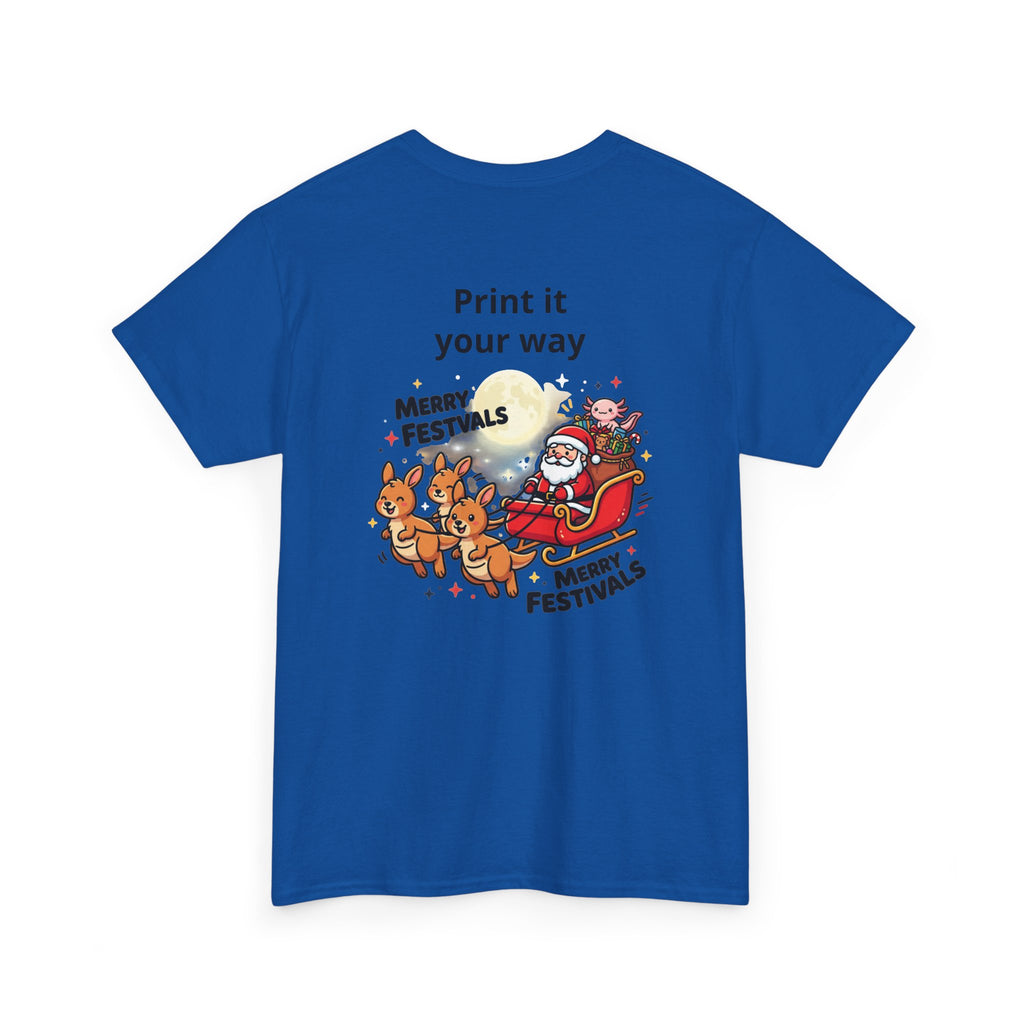 Festive Santa & Reindeer Tee — "Merry Christmas / Merry Festivals" Holiday Shirt with Cute Axolotl