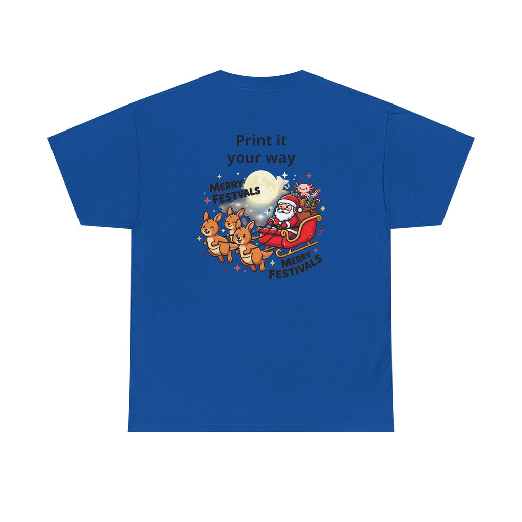 Festive Santa & Reindeer Tee — "Merry Christmas / Merry Festivals" Holiday Shirt with Cute Axolotl