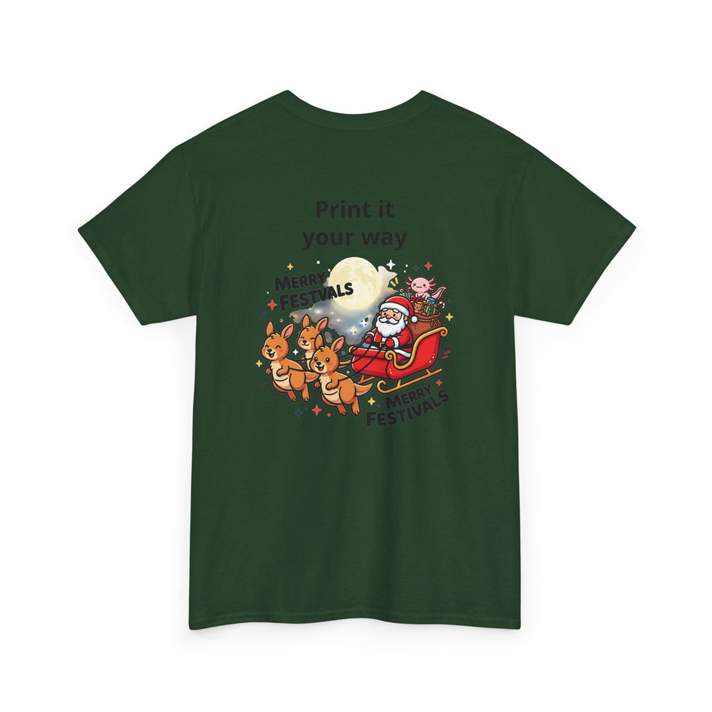 Festive Santa & Reindeer Tee — "Merry Christmas / Merry Festivals" Holiday Shirt with Cute Axolotl