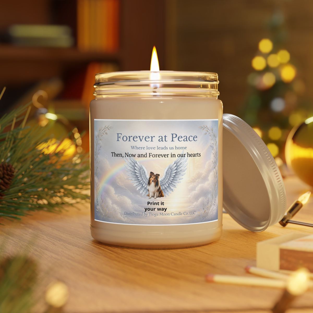 Memorial Soy Candle 9oz — "Forever at Peace" Angel Wings & Rainbow Tribute