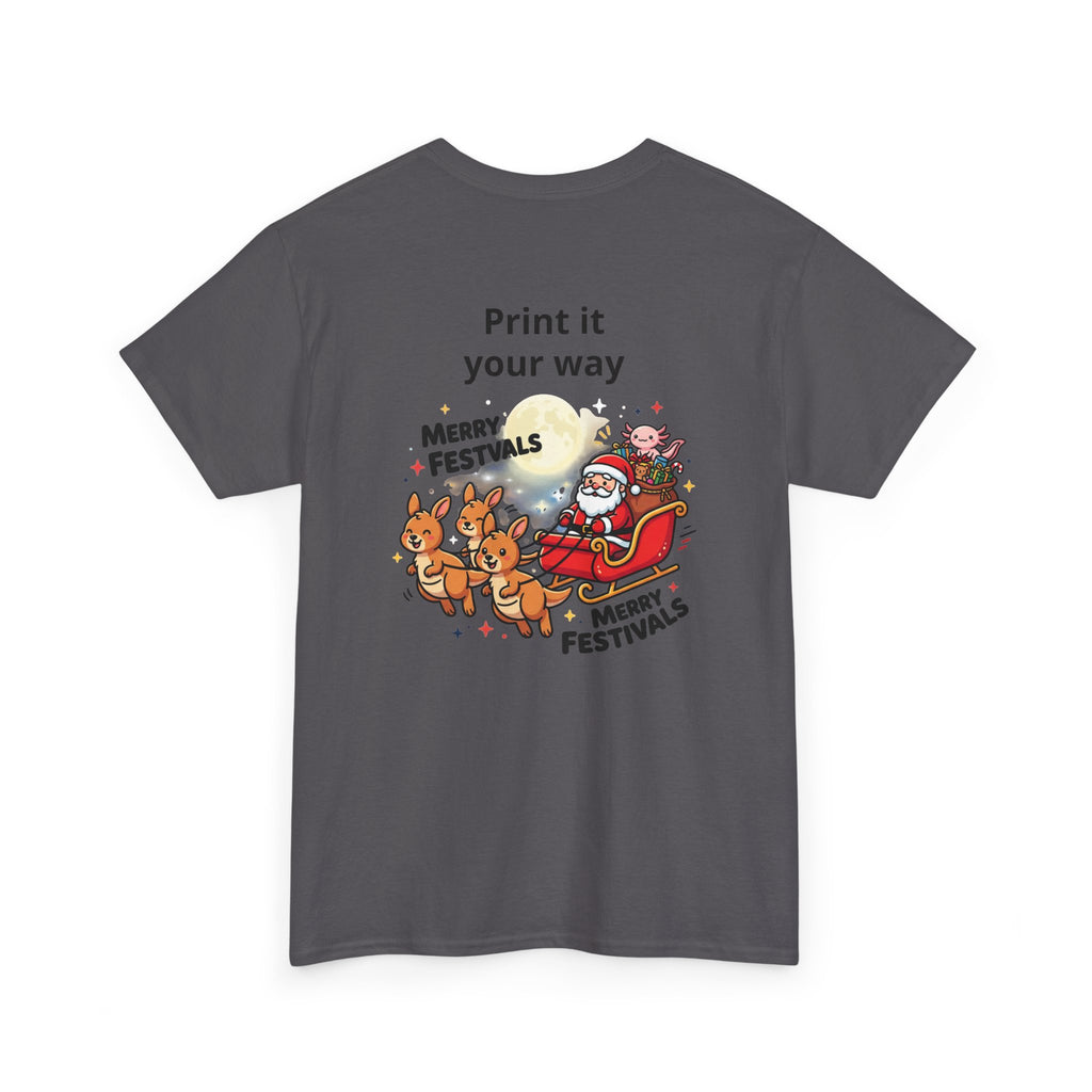 Festive Santa & Reindeer Tee — "Merry Christmas / Merry Festivals" Holiday Shirt with Cute Axolotl