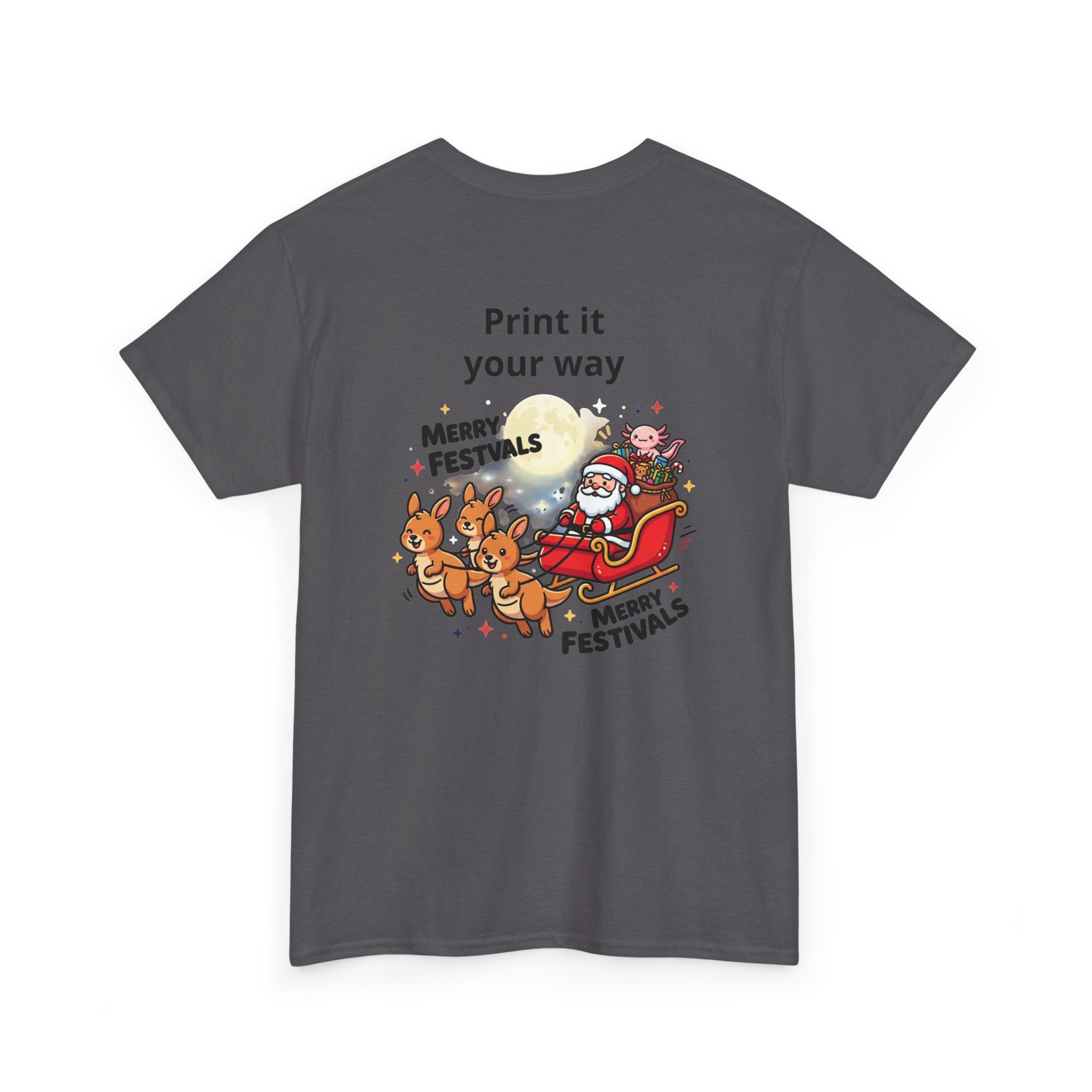 Festive Santa & Reindeer Tee — "Merry Christmas / Merry Festivals" Holiday Shirt with Cute Axolotl
