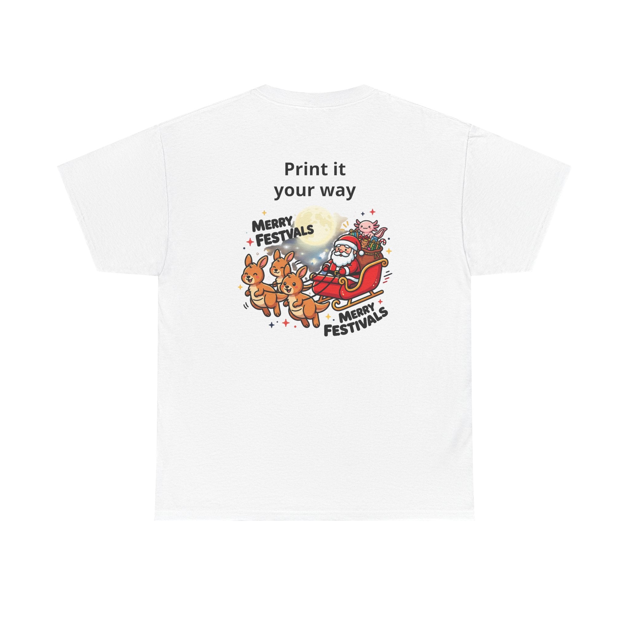 Festive Santa & Reindeer Tee — "Merry Christmas / Merry Festivals" Holiday Shirt with Cute Axolotl