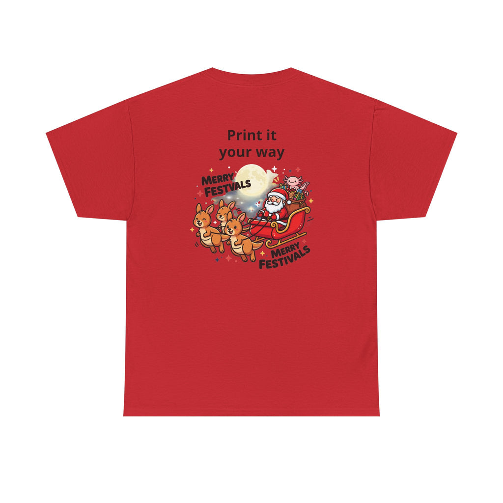 Festive Santa & Reindeer Tee — "Merry Christmas / Merry Festivals" Holiday Shirt with Cute Axolotl