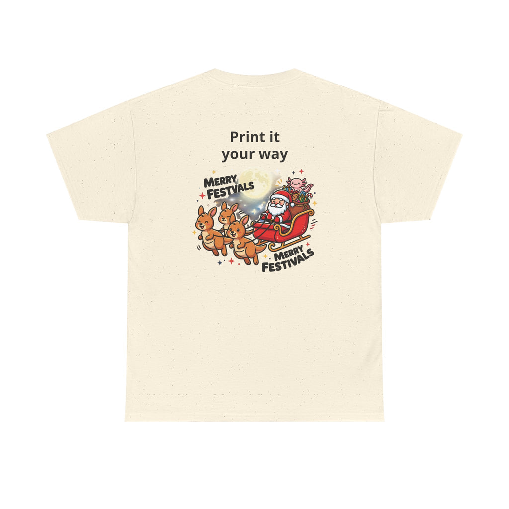 Festive Santa & Reindeer Tee — "Merry Christmas / Merry Festivals" Holiday Shirt with Cute Axolotl