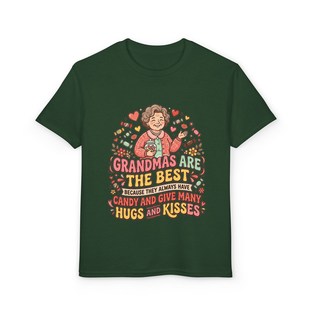 Grandmas Are The Best Kids' T-Shirt — Candy, Hugs & Kisses Design